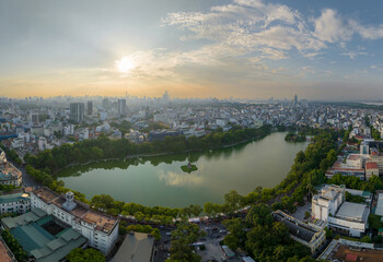 Aerial skyline view of Hoan Kiem lake ( Sword, Ho Guom lake), in center of Hanoi, Vietnam