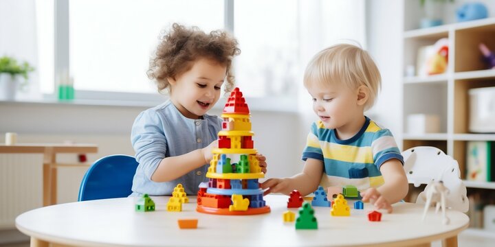 Kids Engaged with Educational Toys at Kindergarten. Generative ai