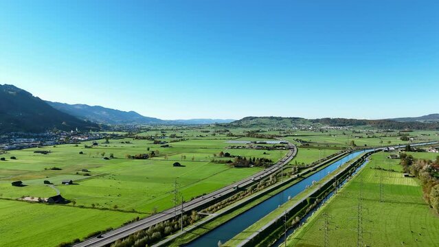 Aerial view of Swiss countryside above Linth river in Switzerland