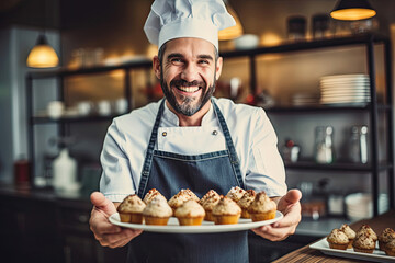 Smiling chef holding a plate with freshly baked healthy mini muffins - Powered by Adobe