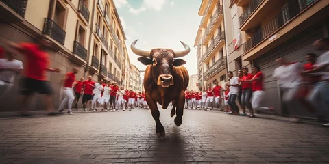 Foto op Canvas Thrilling Encierro: Runners and Bulls at San Fermin, Pamplona. Generative ai © Scrudje