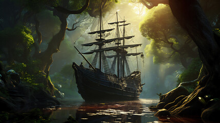 wood old sailing ship stranded in the middle of tropical forest, giant trees, hyper realistic, dramatic light - obrazy, fototapety, plakaty