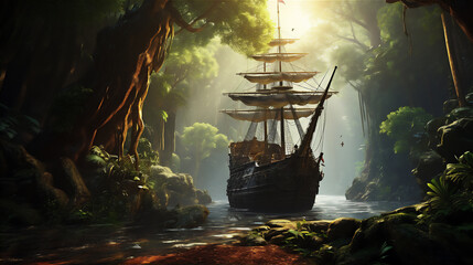 wood old sailing ship stranded in the middle of tropical forest, giant trees, hyper realistic,...