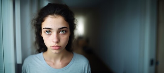 Sad teenage girl with gorgeous eyes looking at the camera - obrazy, fototapety, plakaty