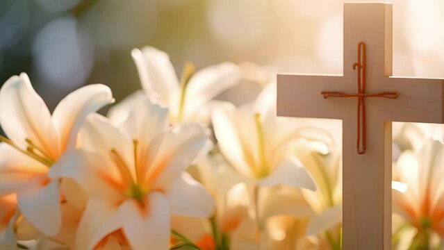 A closeup of a wooden cross dd with pale lilies, evoking feelings of peace and joy in celebration of Jesus triumph over death.
