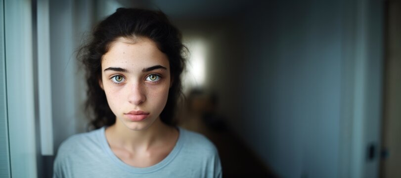 Sad Teenage Girl With Gorgeous Eyes Looking At The Camera