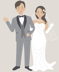結婚式イラスト、手を挙げる新郎新婦