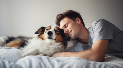 Gentle Rest: Young Man and Dog Asleep in a White Bed at Home. Generative ai