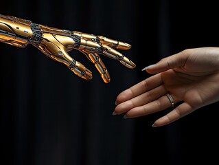 AI-generated illustration of a robot hand reaching out to a human woman's hand. MidJourney.
