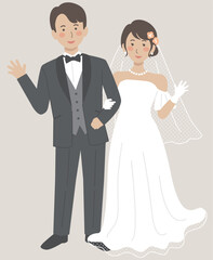 結婚式イラスト、手を挙げる新郎新婦