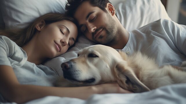 Peaceful Slumber: Young Couple and Dog Asleep in a White Bed. Generative ai