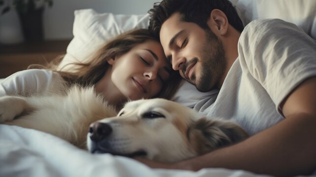 Peaceful Slumber: Young Couple and Dog Asleep in a White Bed. Generative ai