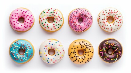 Assorted Colorful Donuts on White Background. Generative ai - obrazy, fototapety, plakaty