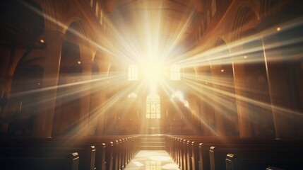 Heavenly Illumination: Divine Light Rays in a Church Symbolizing Grace and Truth. Generative ai