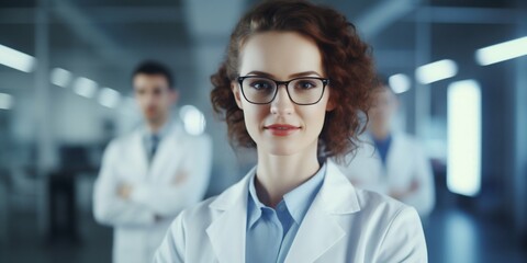 Young Woman Scientist in Lab Coat with Team in Background. Generative ai