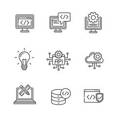Programming icons in linear style on a white background. Set of coding icons