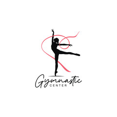 Silhouette of dancing Woman with ribbon, Girl with Beautiful Body Hair and Face in gym logo design