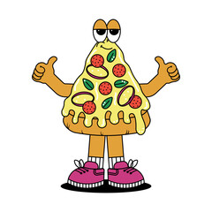 Retro vintage cartoon character Pizza. Cute mascot with psychedelic smile and emotion. Funky vector illustration in groovy style