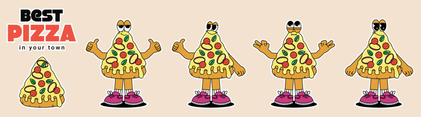 Set of Retro vintage cartoon stickers characters Pizza. Cute mascot with psychedelic smile and emotion. Funky vector illustration in groovy style