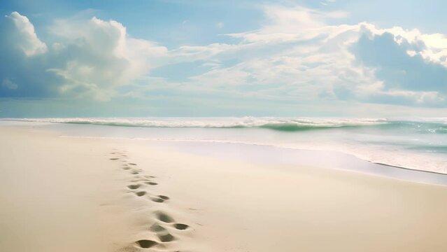 Concept photo of a serene beach with gentle waves lapping at the shore. In the foreground, there are two sets of footprints imprinted in the sand, leading towards a lone wooden cross.