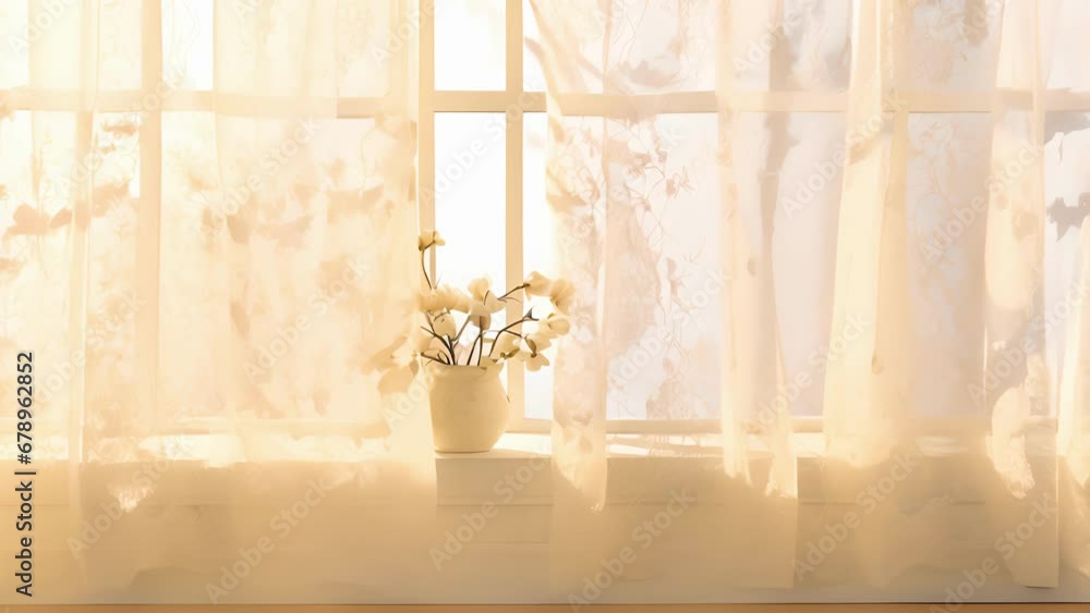 Aufkleber a sunfilled window frame, adorned with white curtains that diffuse the natural light into a soft, go