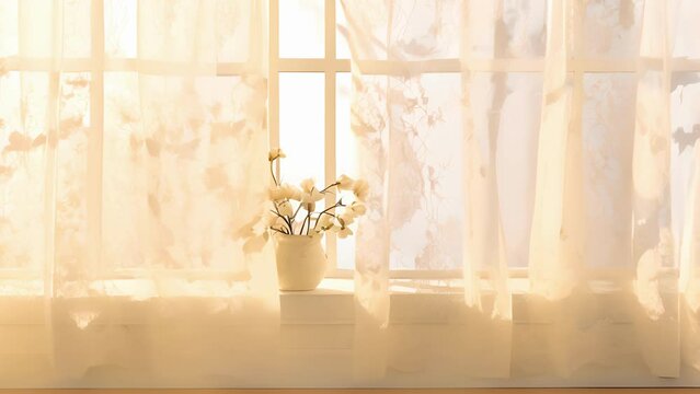 A sunfilled window frame, adorned with white curtains that diffuse the natural light into a soft, golden hue. The intricate lace patterns cast intricate and delicate shadows, creating