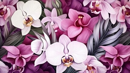 Flower orchid and leaves pattern watercolor, tropical pattern for textiles and decoration. Hand...