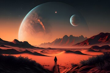 Astronaut approaching an unknown planet in a landscape where the sun hovers on the horizon, generative AI