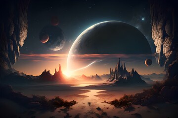 Astronaut approaching an unknown planet in a landscape where the sun hovers on the horizon, generative AI