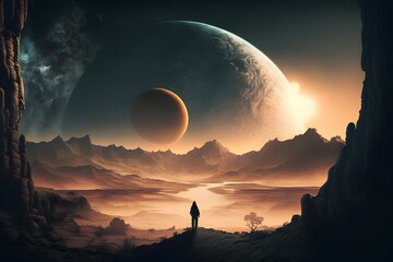 Astronaut approaching an unknown planet in a landscape where the sun hovers on the horizon, generative AI