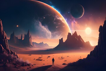 Astronaut approaching an unknown planet in a landscape where the sun hovers on the horizon, generative AI