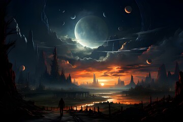 Astronaut approaching an unknown planet in a landscape where the sun hovers on the horizon, generative AI