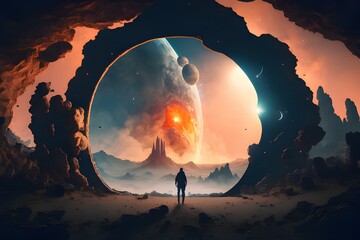 Astronaut approaching an unknown planet in a landscape where the sun hovers on the horizon, generative AI