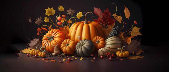 Pumpkins for Thanksgiving. Autumn. composition of pumpkins. Generated AI. Edited in Photoshop