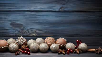Christmas, New Year decorations on wooden background. Red balls, gingerbread cookies, xmas tree, spices and snowflakes with copy space. Holiday season