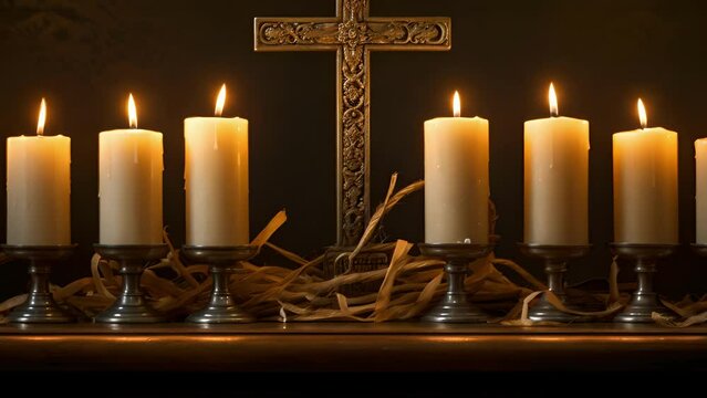 The surrounding candles cast soft shadows on the cross, adding depth and dimension to the image.