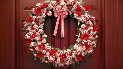 Closeup of a wreath made entirely of sugary candy canes, hung on a front door as a festive and welcoming holiday decoration.