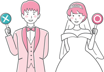 結婚式イラスト、マルとバツの札を持つ新郎新婦