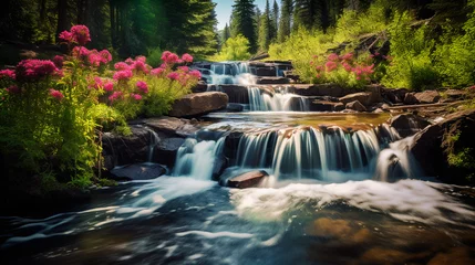 Foto auf Leinwand A cascading waterfall surrounded by vibrant wildflowers in a lush forest, AI Generative. © Miry Haval