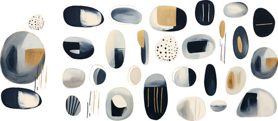 Modern brushwork painting set in various materials, in the style of dark navy and light gold, Set abstract shapes, splash gold. watercolor concept.