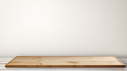 Empty wood white table over white wallbackground