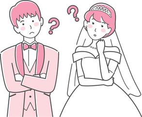 結婚式イラスト、ウエディング、悩む新郎新婦