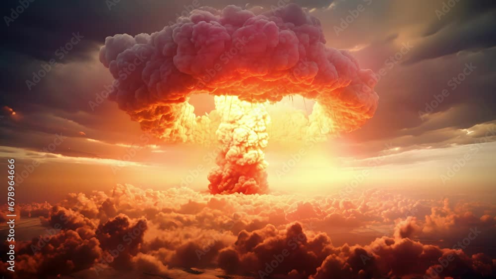 Poster a devastating blast causing a massive mushroom cloud to engulf the sky, symbolizing the destructive 