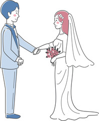 結婚式イラスト、向かい合って手を取る新郎新婦