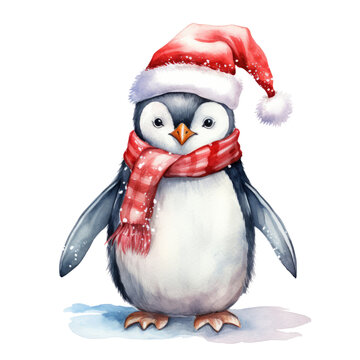Cute penguin in Santa Claus hat. Watercolor illustration on transparent background