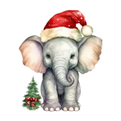 Foto op Aluminium Christmas greeting card with cute elephant in santa hat. Watercolor illustration isolated on transparent background. © Songyote