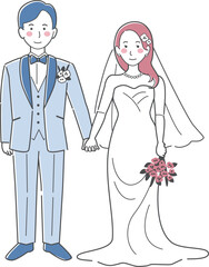 結婚式イラスト、手をつなぐ新郎新婦