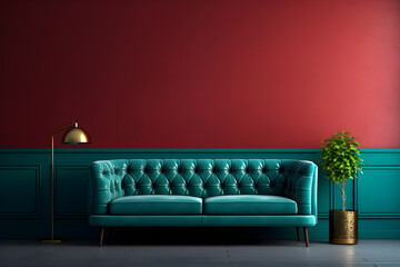Green leather sofa couch in front of red wall in interior, in the style minimal of dark light teal