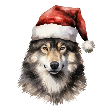 Watercolor portrait of a wolf in a red Santa Claus hat isolated on transparent background.