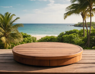 Empty wooden round platform on the table top with tropical beach background
